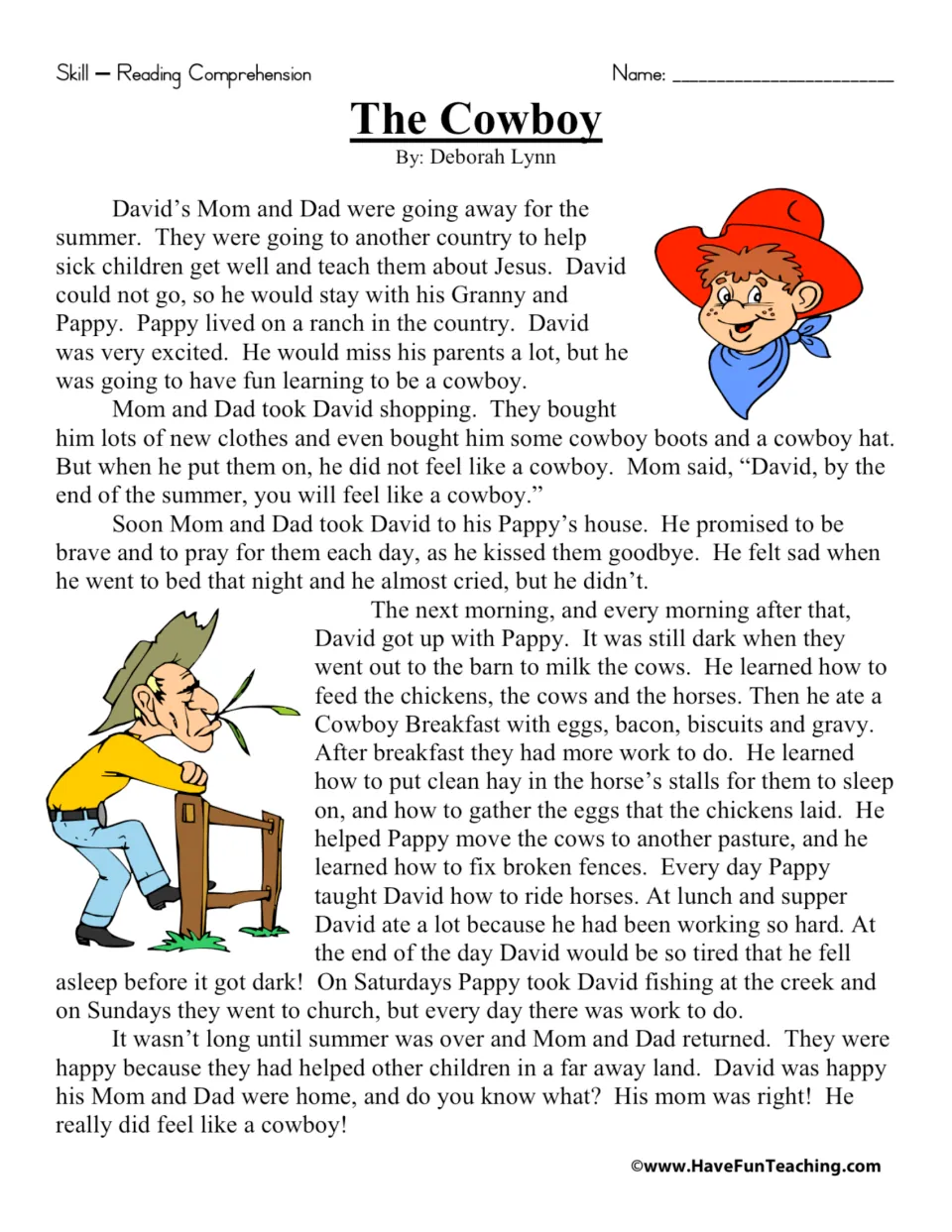 Reading passage "The Cowboy": students read about David learning ranch chores at his Pappy's, with cowboy illustrations