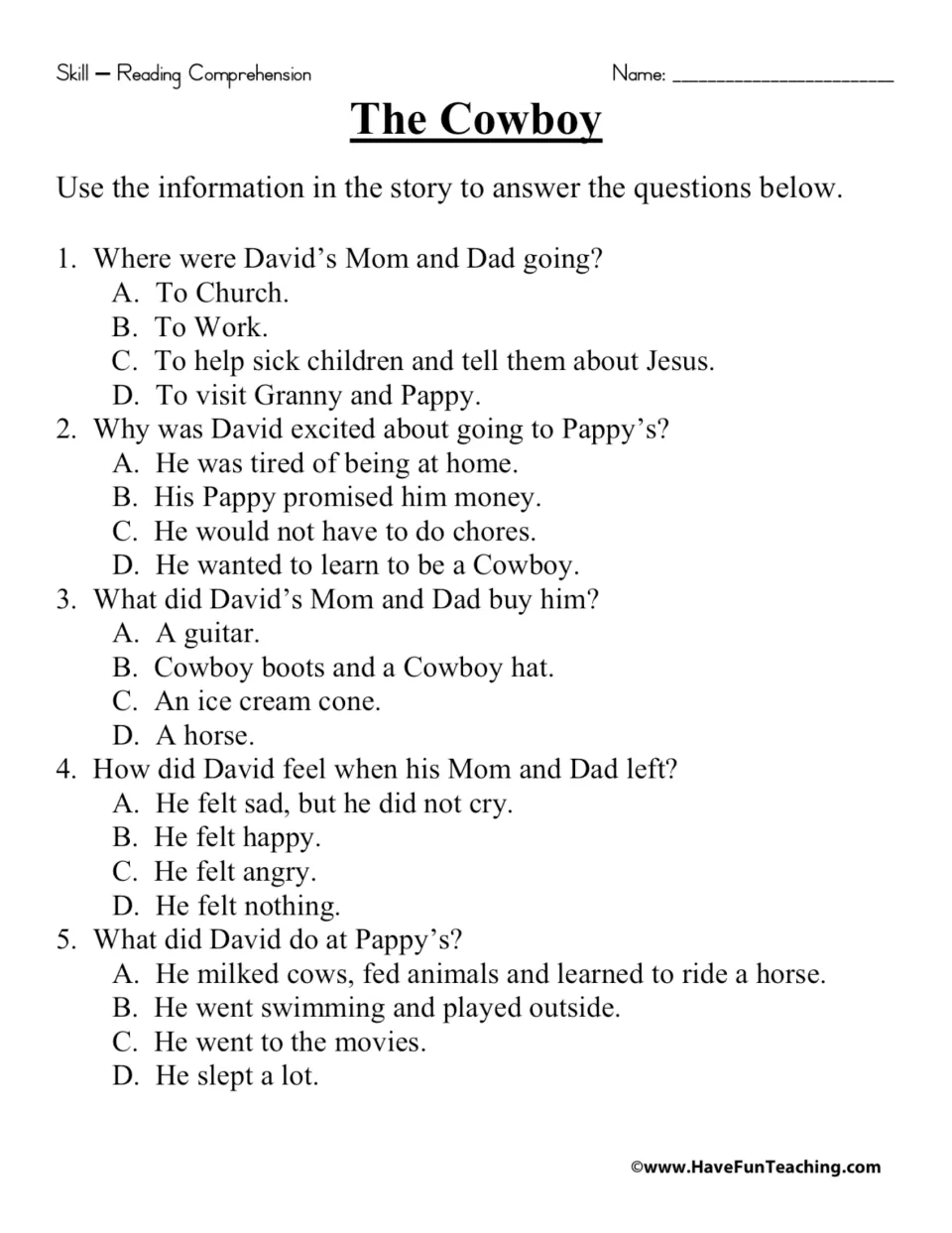 Reading comprehension questions on the cowboy story: students choose A, B, C or D for each of 5 multiple-choice items