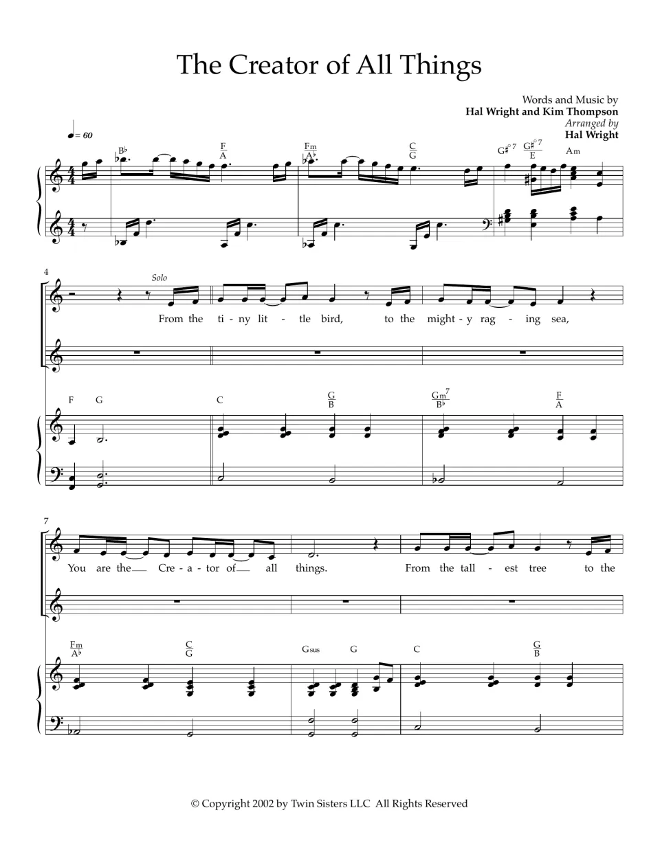 Song opening, bars 1-9: piano intro in 4/4 at quarter = 60, then solo verse 'From the tiny little bird' with chords