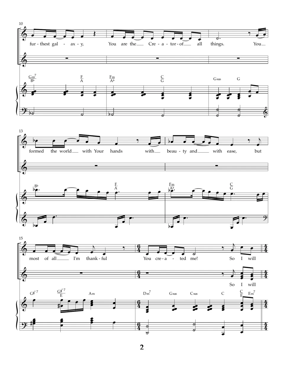 Verse, bars 10-16: 'You formed the world with Your hands' with piano and chords, shifting to 6/4 at 'You created me!'