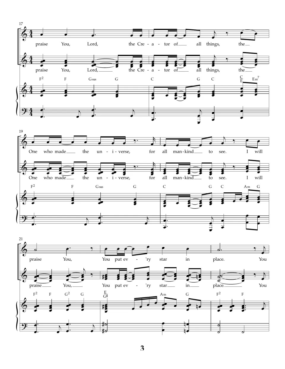 Chorus, bars 17-23: two vocal parts sing 'So I will praise You, Lord' and 'You put ev'ry star in place' over piano