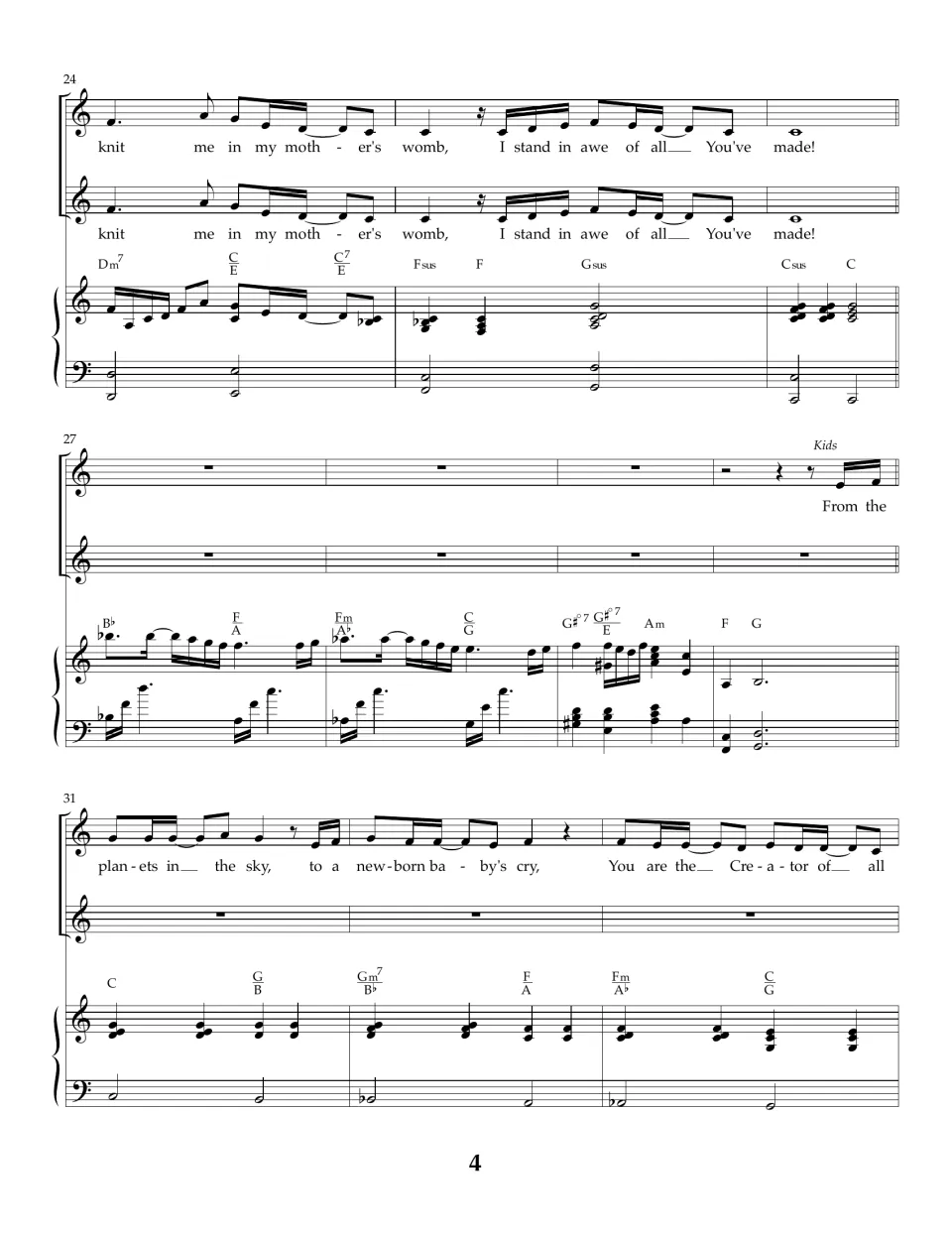 Bars 24-33: chorus ends 'I stand in awe of all You've made!', piano break, then Kids sing 'From the planets in the sky'