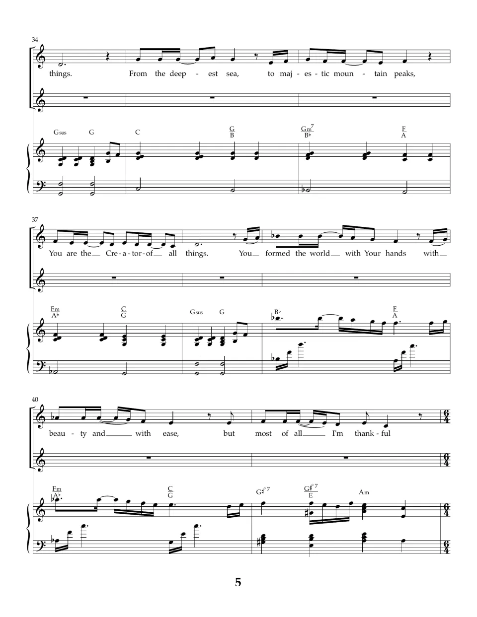 Second verse, bars 34-41: 'From the deepest sea, to majestic mountain peaks' leading into 'You formed the world'