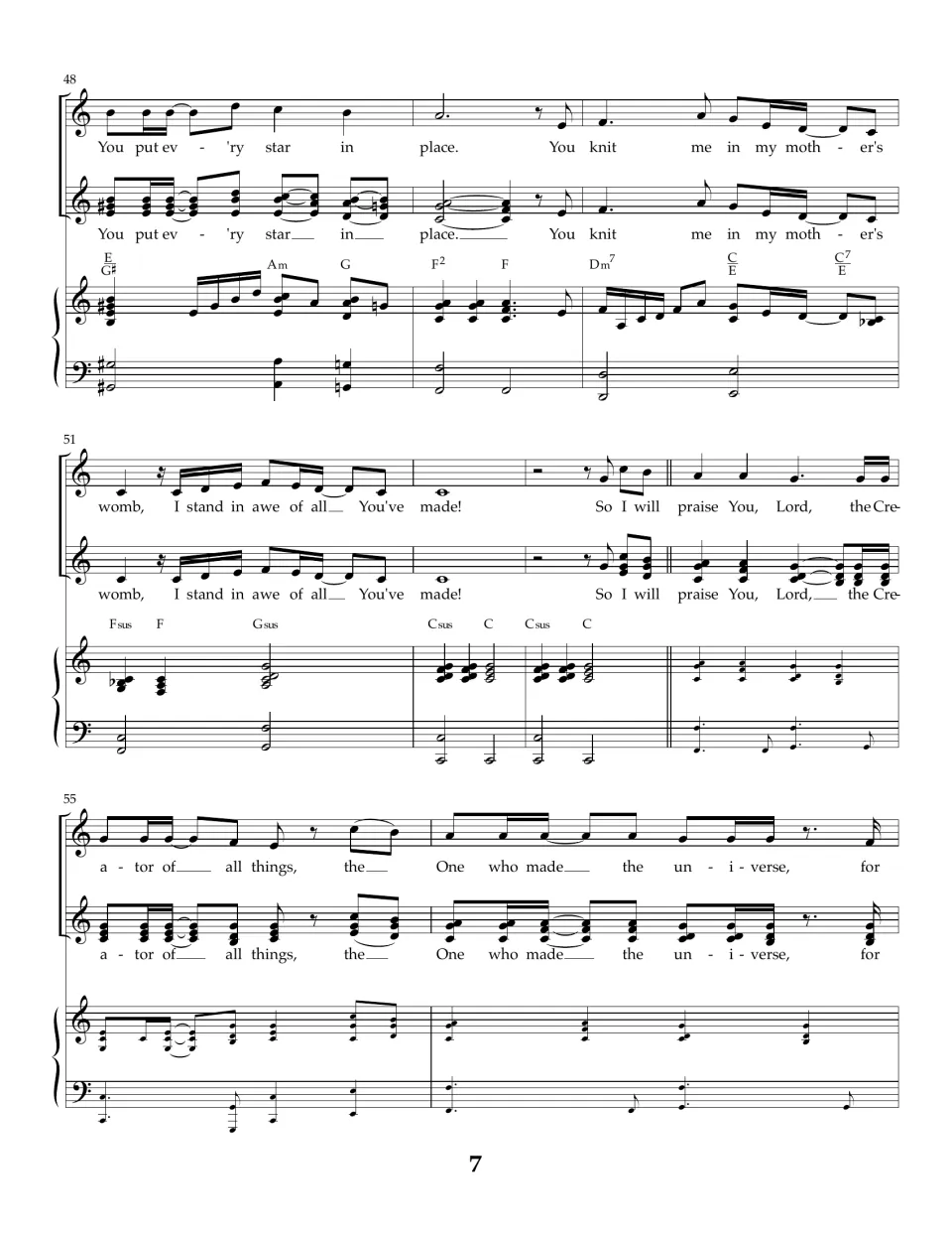 Bars 48-56: two voices sing 'You knit me in my mother's womb' to end the chorus, then 'So I will praise You' returns