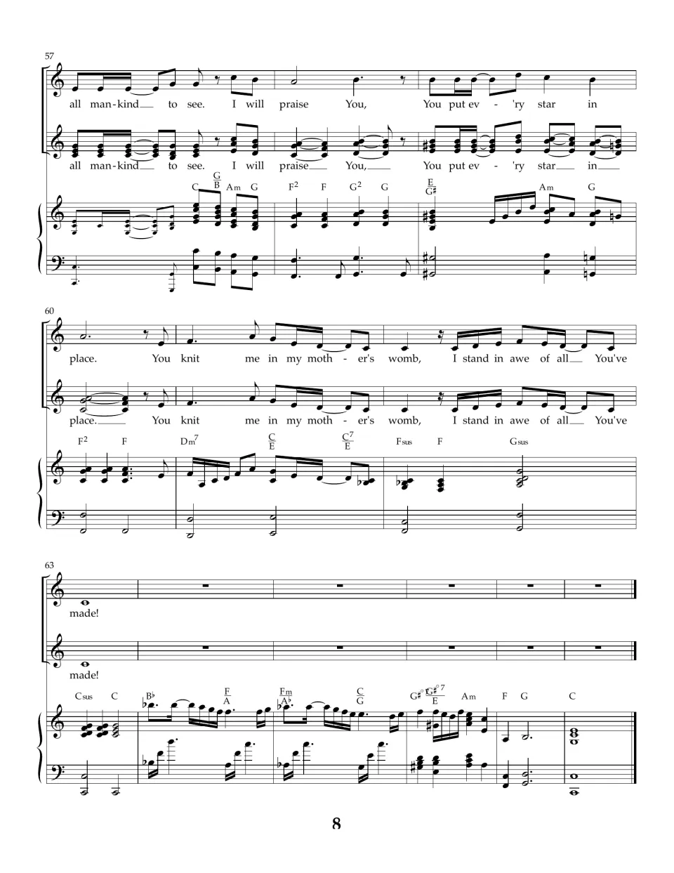 Final page: last chorus 'I stand in awe of all You've made!' then a piano outro that closes on a C chord