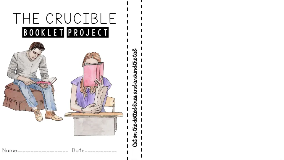 The Crucible booklet project cover with drawings of two people reading, plus name and date blanks for the student