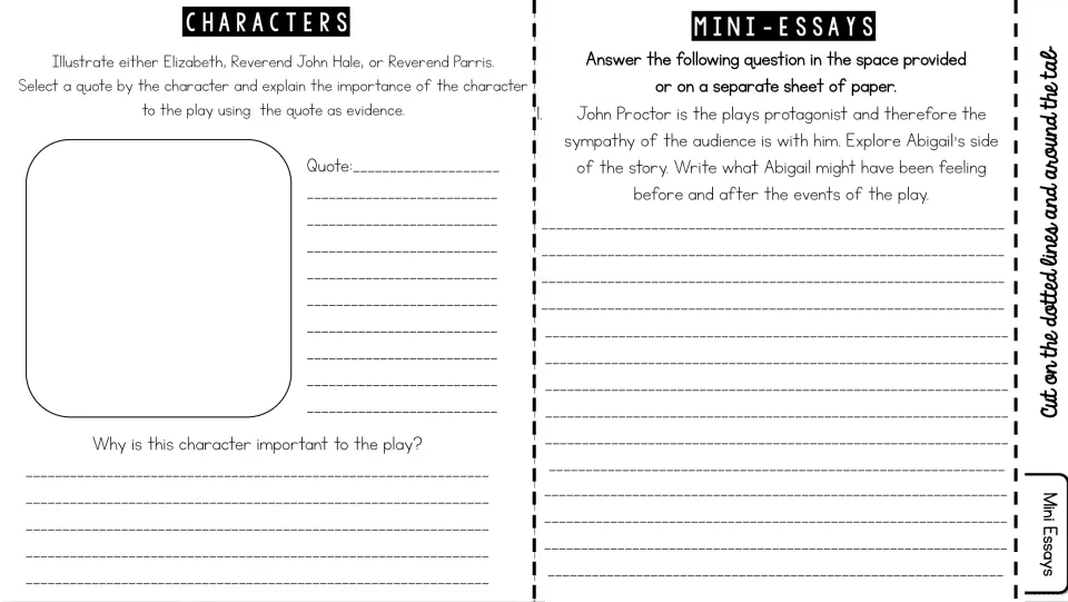 Characters and mini-essay: students draw Elizabeth, Hale or Parris with a quote, then write Abigail's side of the story