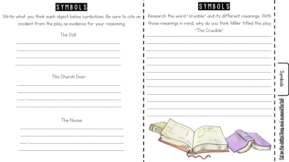 Symbols: students explain what the doll, church door and noose symbolize, then research the word crucible and the title