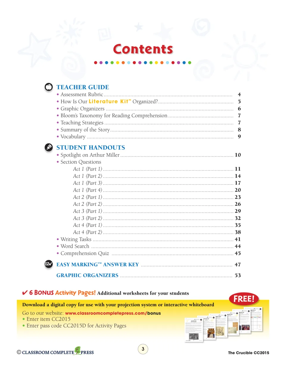 Contents lists the teacher guide, act-based questions, writing tasks, quiz, answer key, and organizers