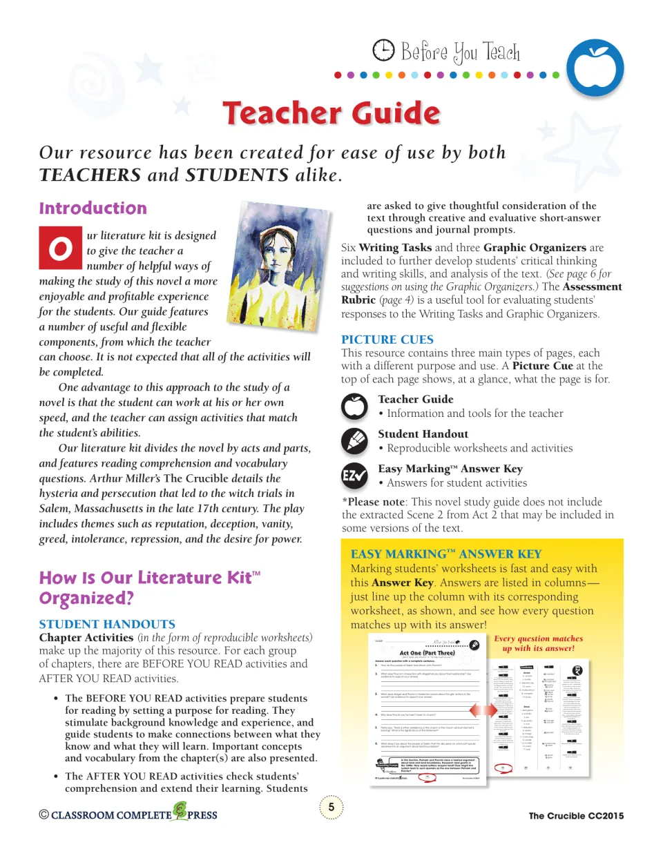 Teacher guide explains before- and after-reading activities, six writing tasks, and the answer key