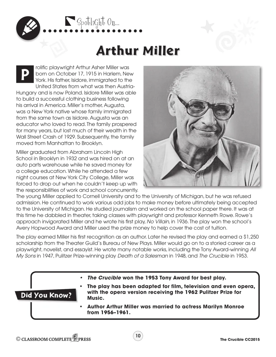 Arthur Miller biography handout covers his childhood, education, and writing career, with a portrait