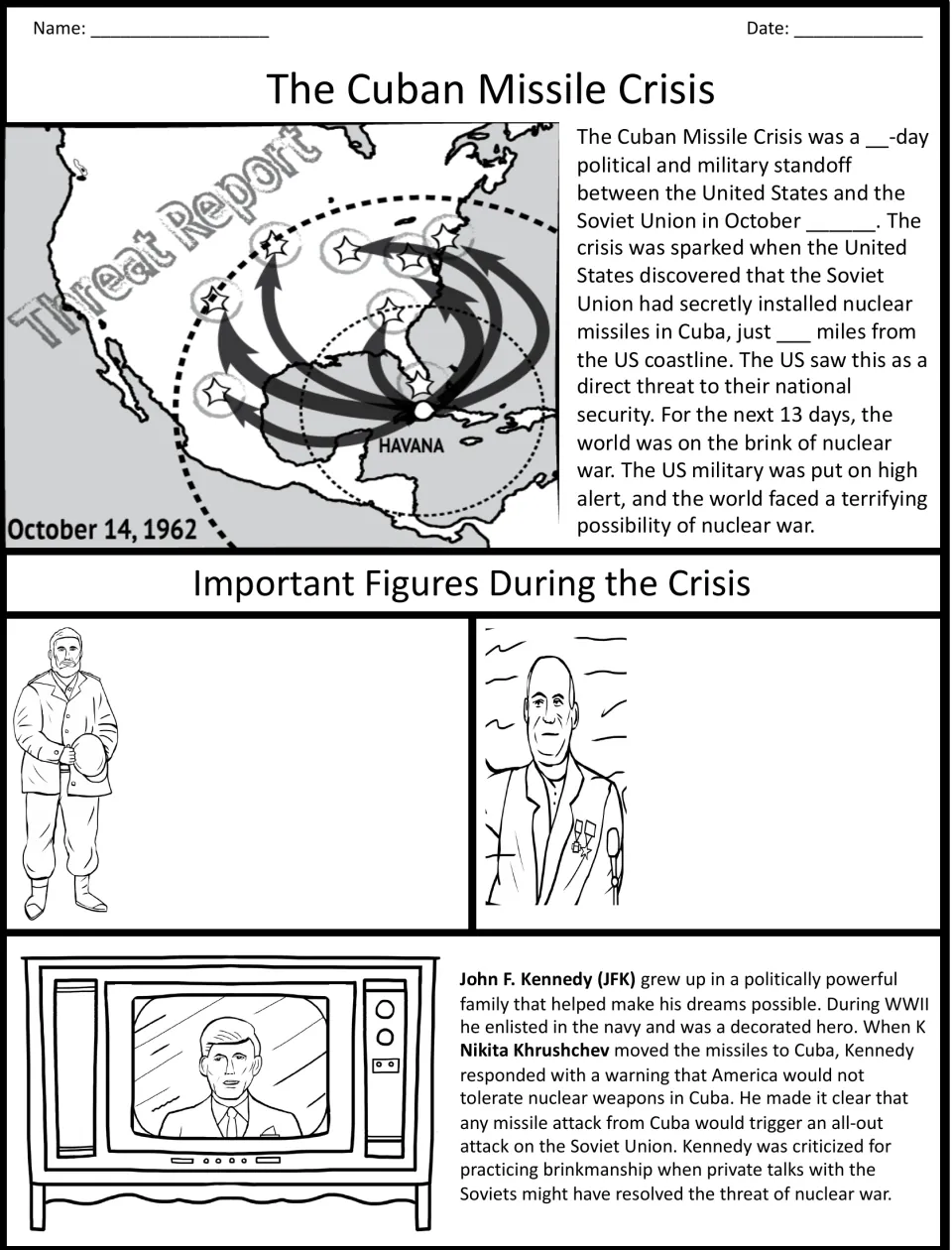 Crisis overview organizer with blanks for key facts and notes on Castro and Khrushchev, plus a JFK reading.