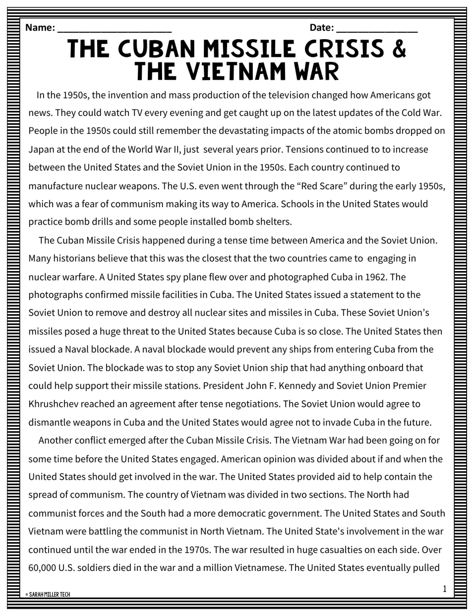 Cold War reading passage: students read about the Red Scare, the 1962 Cuban Missile Crisis blockade and the Vietnam War