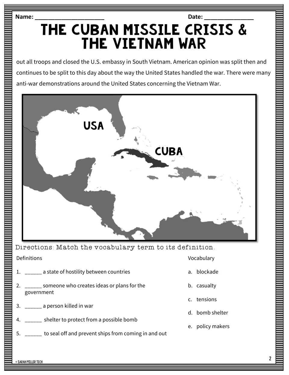 Passage ending on Vietnam War protests, a map locating Cuba near the USA, and matching 5 terms like blockade to definitions