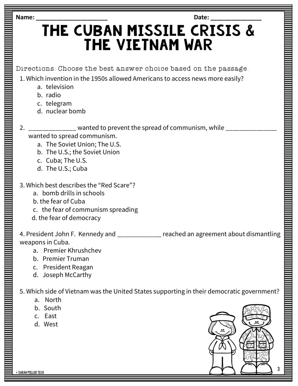 Cold War comprehension quiz: 5 multiple-choice questions on TV news, the Red Scare, Khrushchev and divided Vietnam