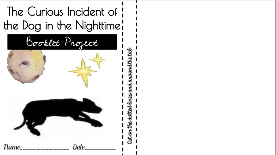 Booklet cover for The Curious Incident of the Dog in the Nighttime with dog silhouette, stars and name and date lines
