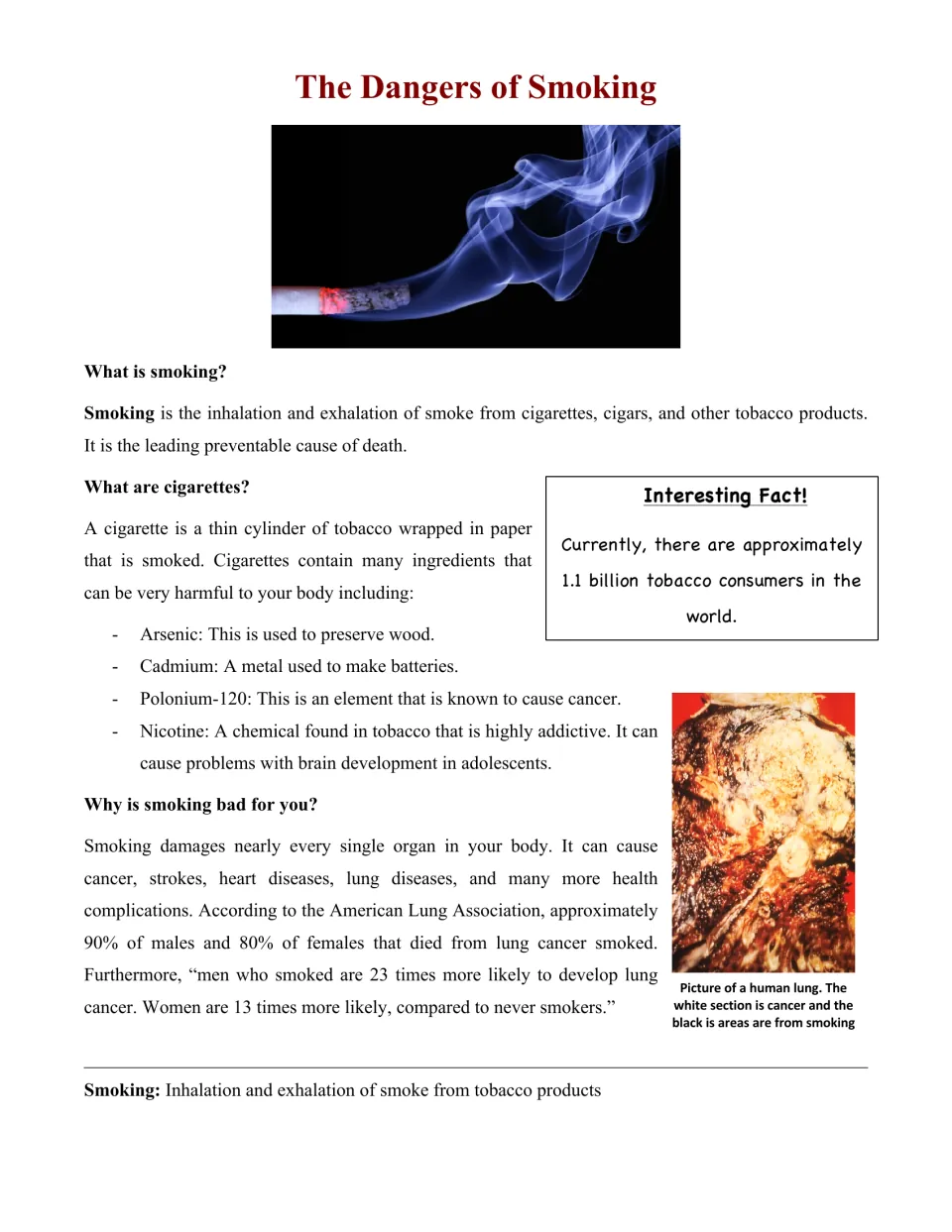Smoking article intro: students read what smoking is, cigarette ingredients like arsenic and nicotine, and lung harm