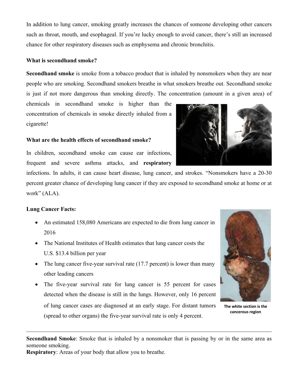 Secondhand smoke reading: health effects on children and adults, plus lung cancer facts and five-year survival rates