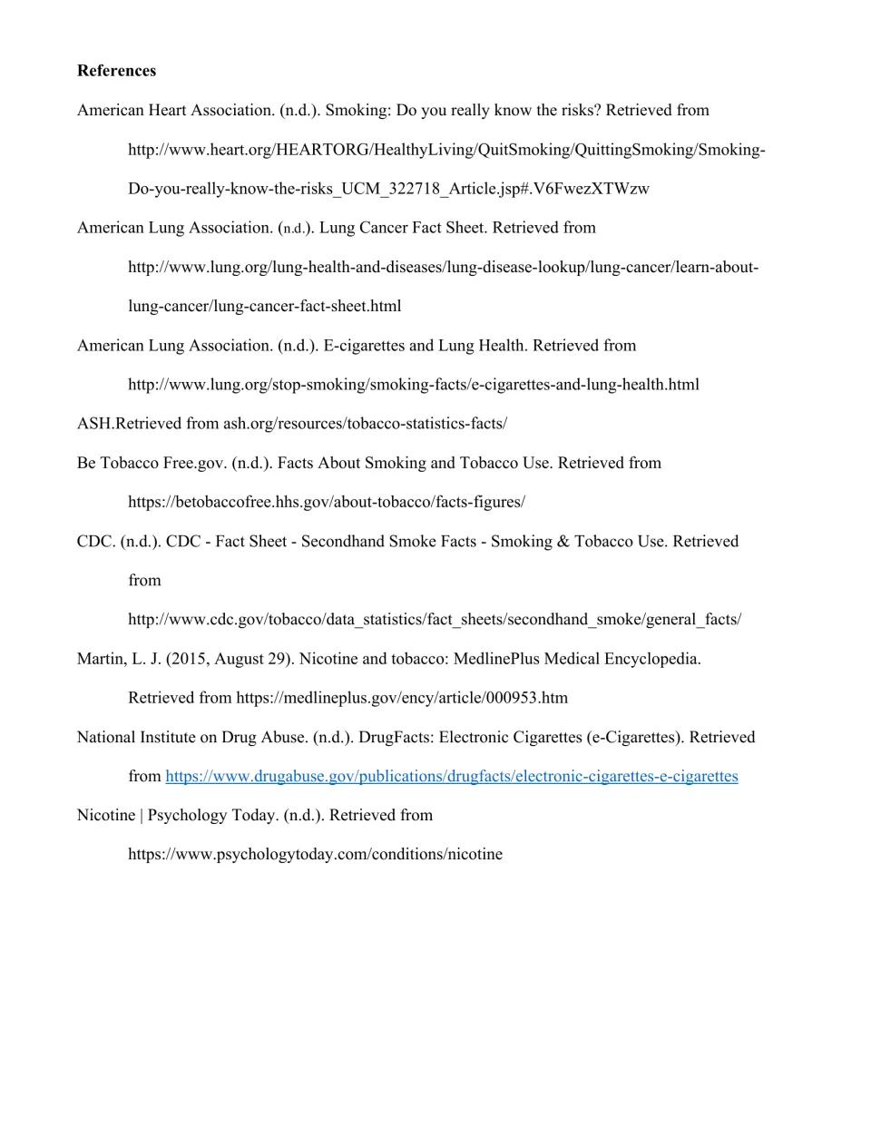 References list citing the American Lung Association, American Heart Association, CDC and other article sources