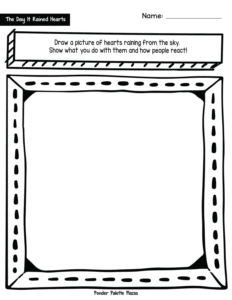 Heart rain drawing prompt: students draw hearts raining from the sky, showing what they do with them and how people react