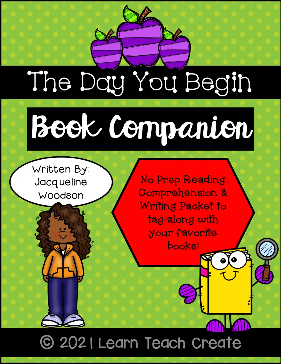 The Day You Begin book companion cover identifies Jacqueline Woodson's book and reading and writing tasks.