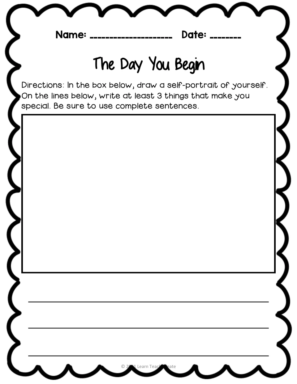 Self-portrait activity asks students to draw themselves and write at least three things that make them special.
