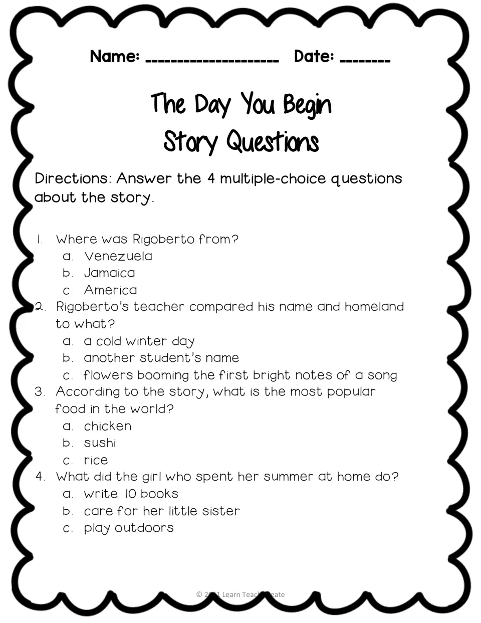Four multiple-choice story questions cover Rigoberto's homeland, his teacher's comparison, rice, and summer care.