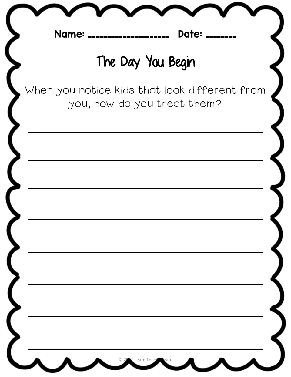 Extended writing prompt asks students how they treat children who look different from themselves.