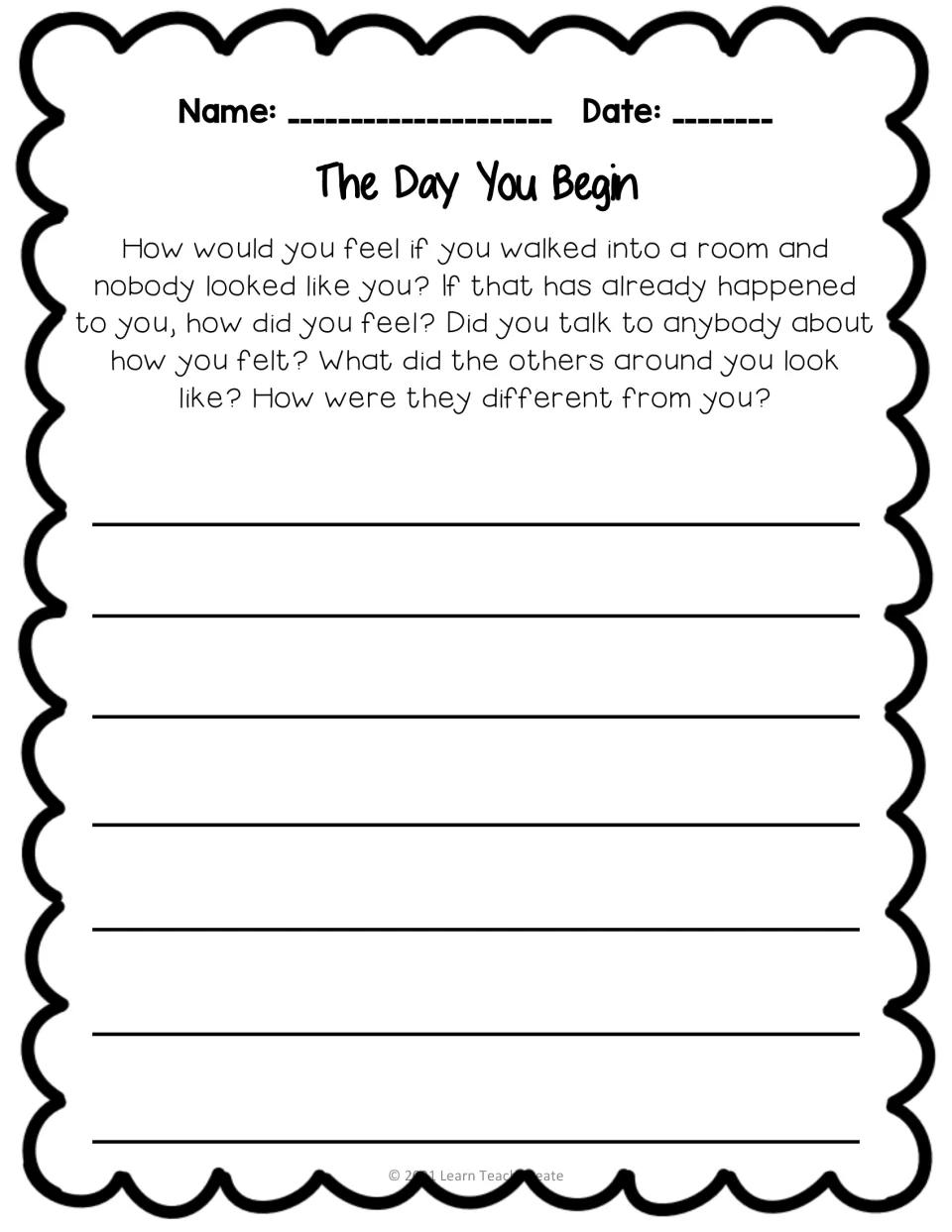 Extended writing prompt explores feelings about entering a room where nobody looks like you and sharing feelings.