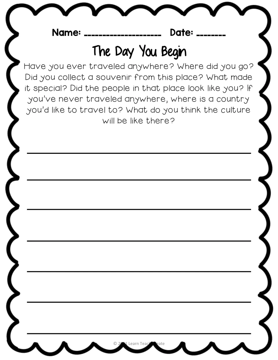 Extended writing prompt asks about travel, souvenirs, and cultures, or a country students would like to visit.