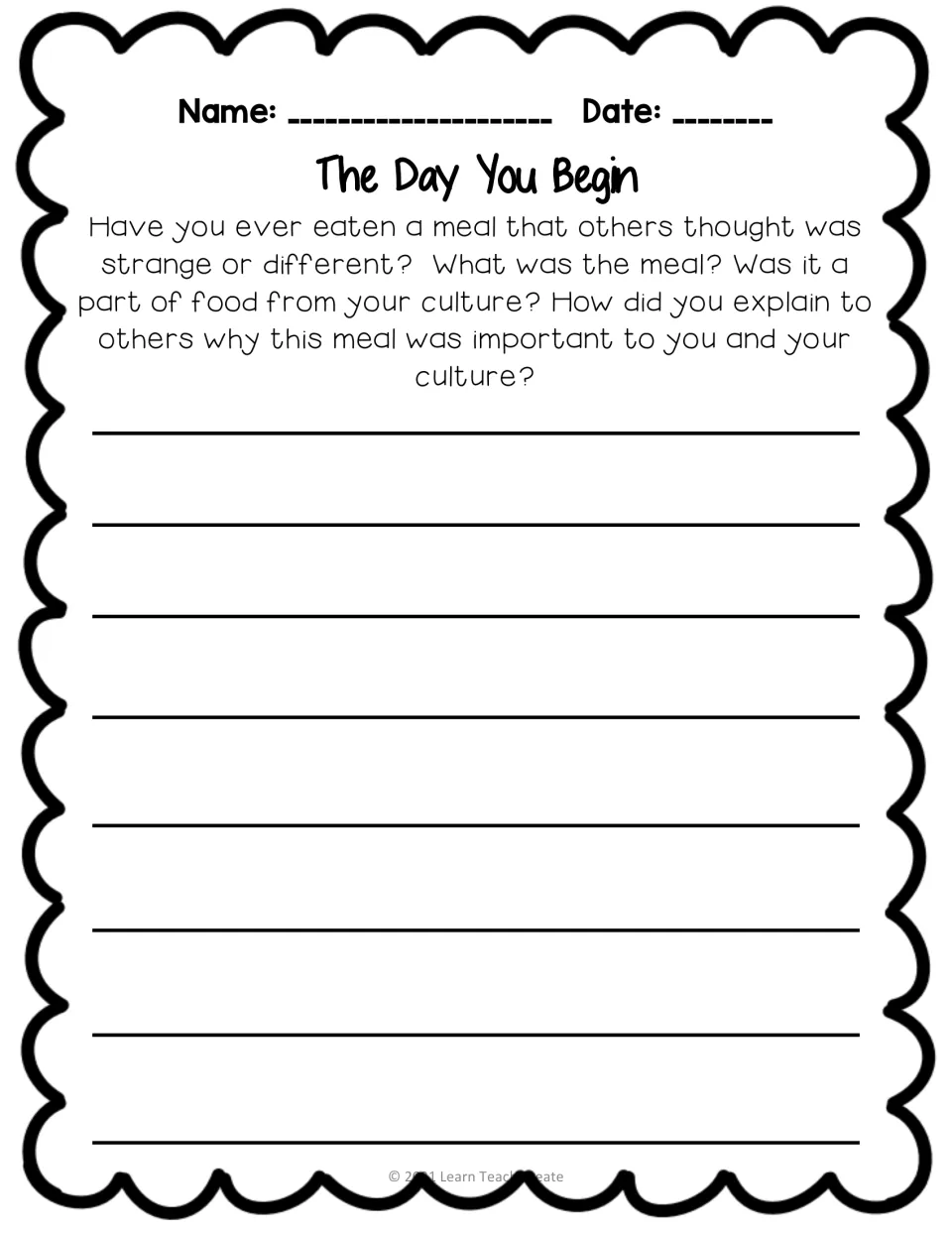 Extended writing prompt asks about a meal others found different and explaining its cultural importance.