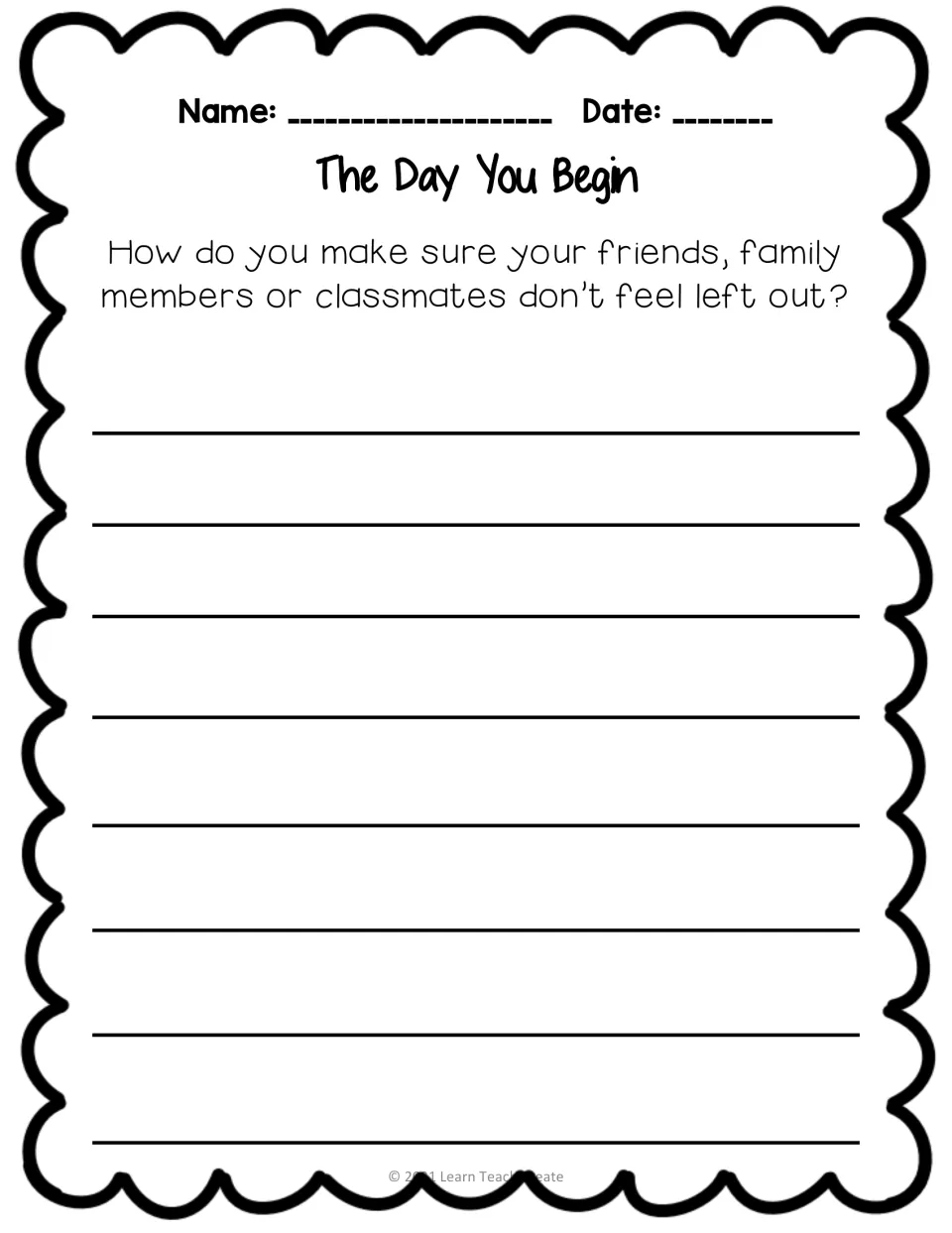 Extended writing prompt asks how students help friends, family members, or classmates avoid feeling left out.
