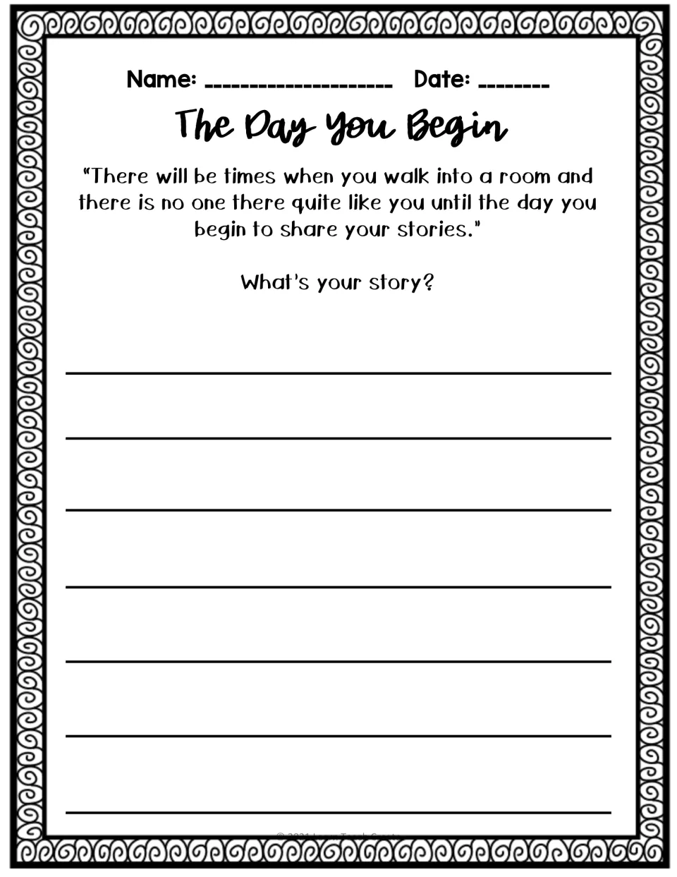 Quote-based writing activity asks 'What's your story?' after a passage about being different and sharing stories.