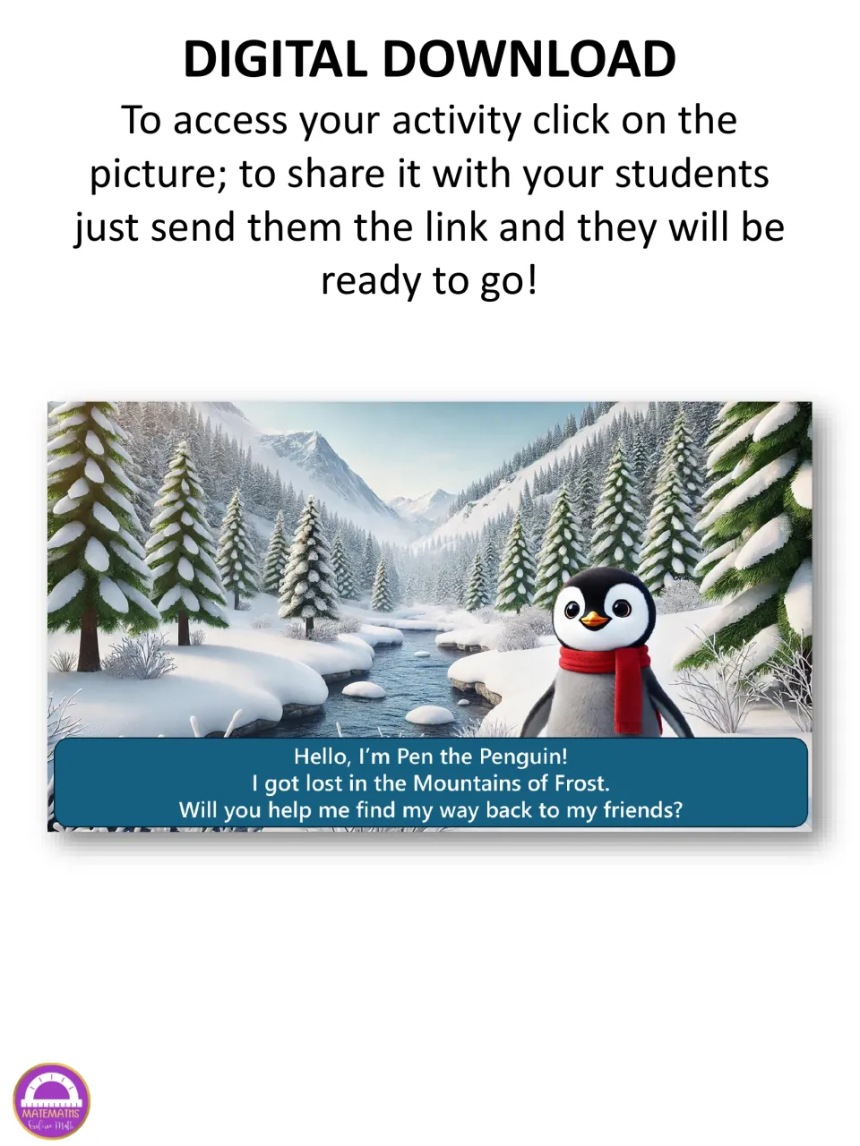 Digital escape room link page: Pen the Penguin, lost in the Mountains of Frost, asks students to help find his friends