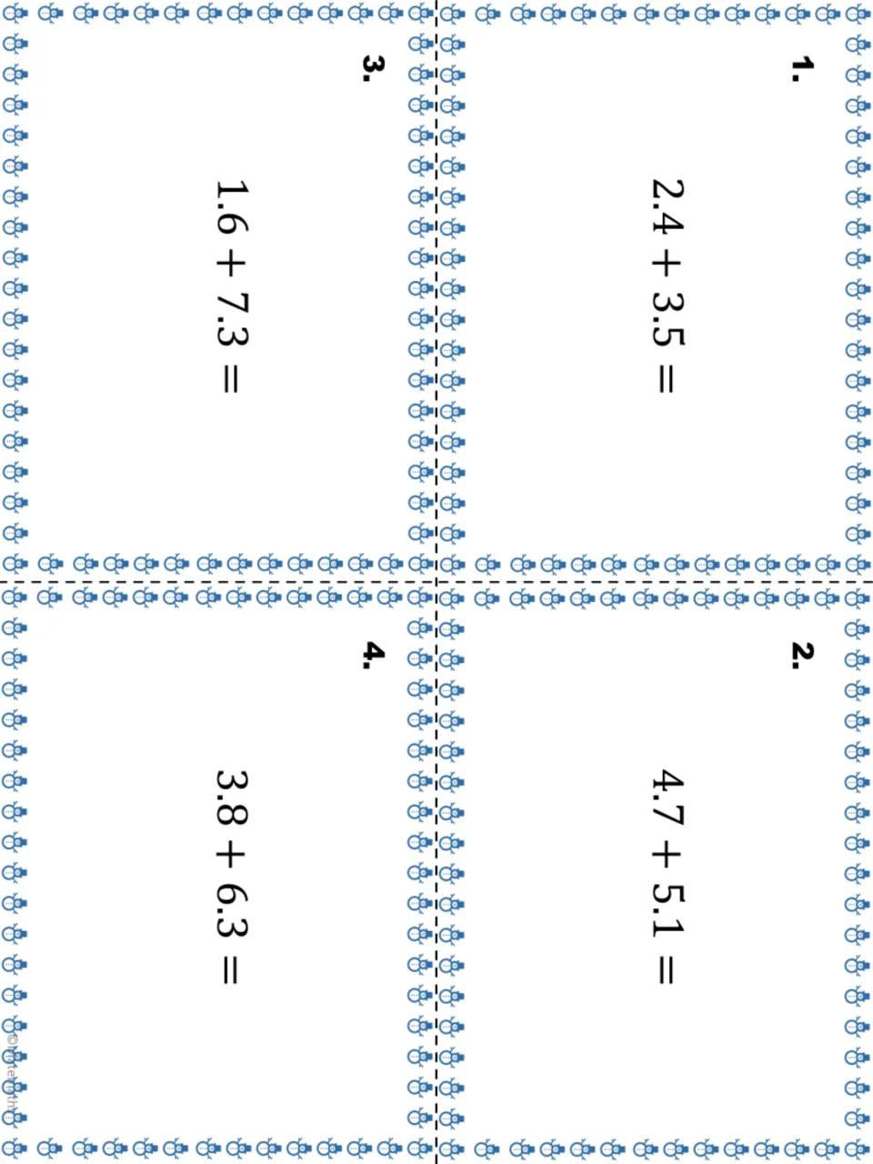 Decimal addition task cards 1 to 4: students add 2.4 + 3.5, 4.7 + 5.1, 1.6 + 7.3 and 3.8 + 6.3