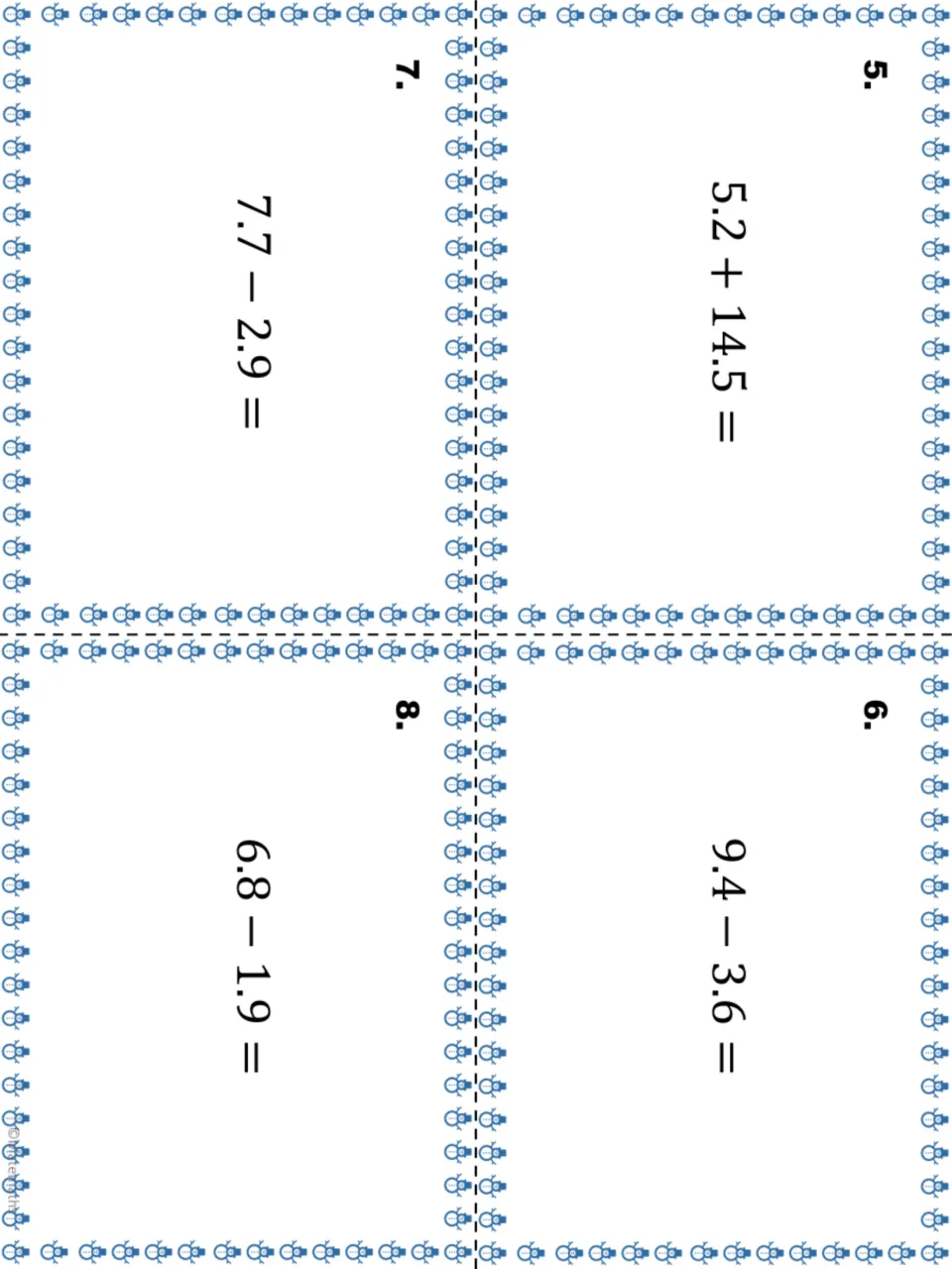 Decimal task cards 5 to 8: students add 5.2 + 14.5, then subtract 9.4 − 3.6, 7.7 − 2.9 and 6.8 − 1.9