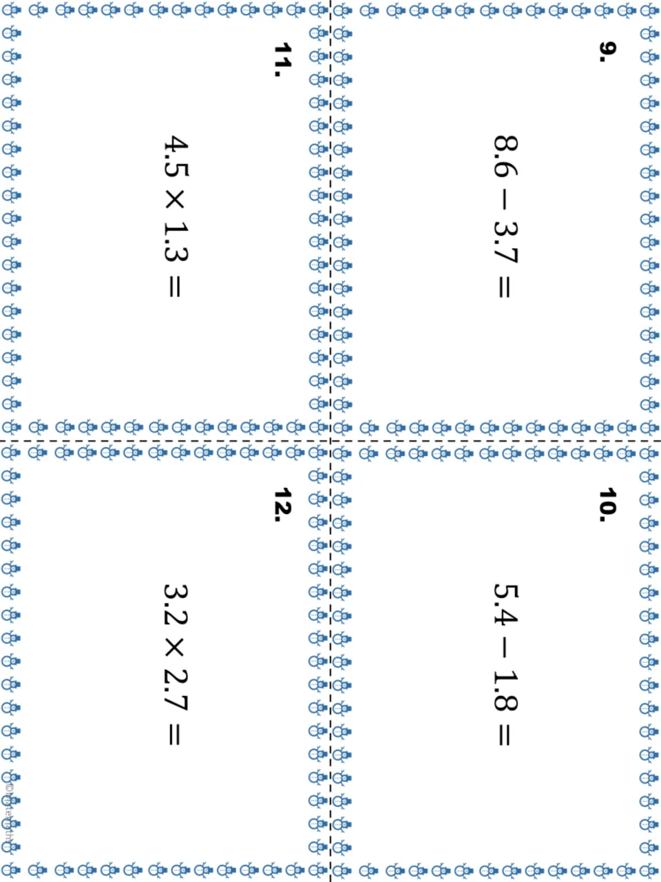 Decimal task cards 9 to 12: students subtract 8.6 − 3.7 and 5.4 − 1.8, then multiply 4.5 × 1.3 and 3.2 × 2.7