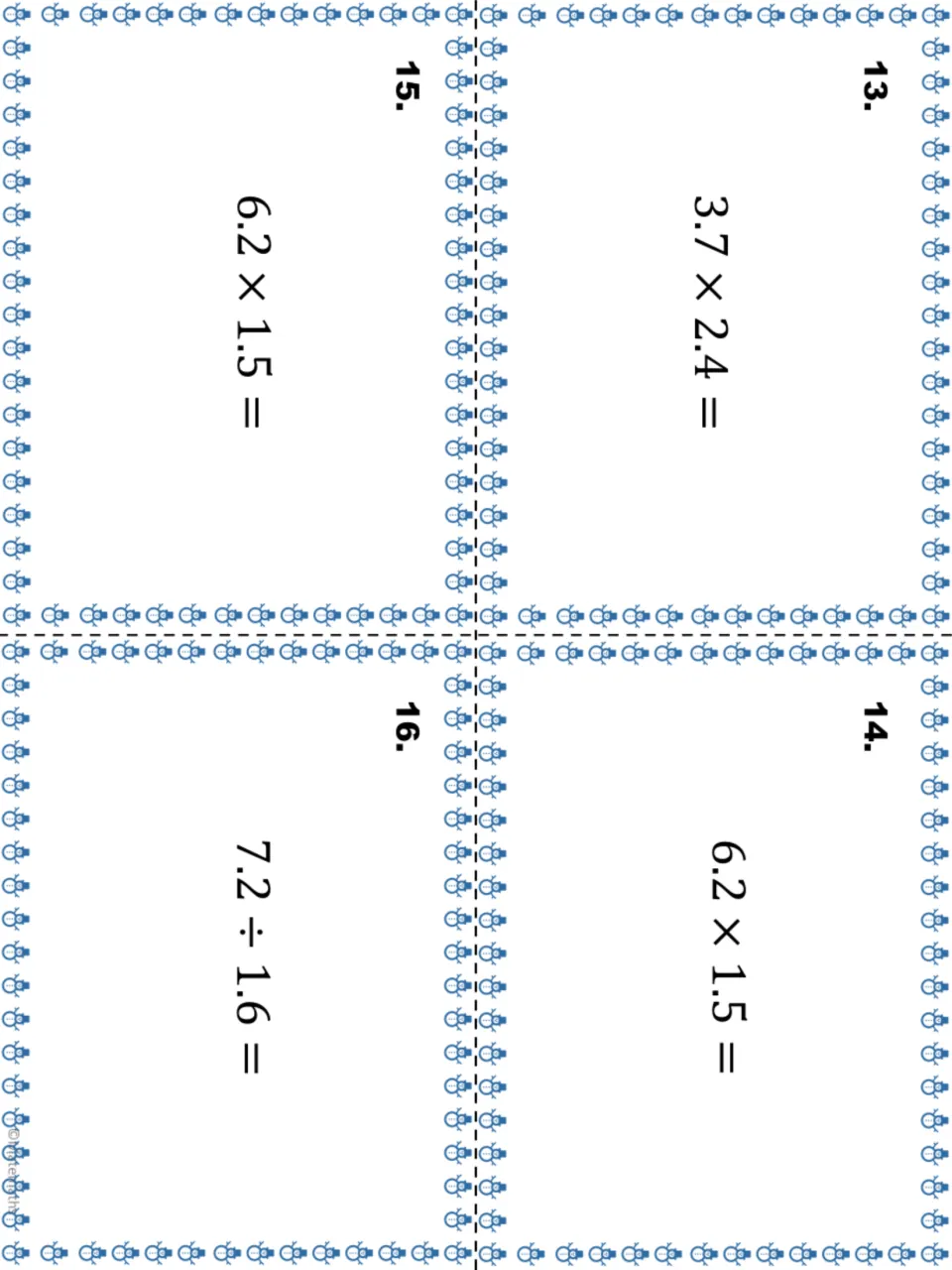 Decimal task cards 13 to 16: students multiply 3.7 × 2.4 and 6.2 × 1.5 (shown on two cards), then divide 7.2 ÷ 1.6