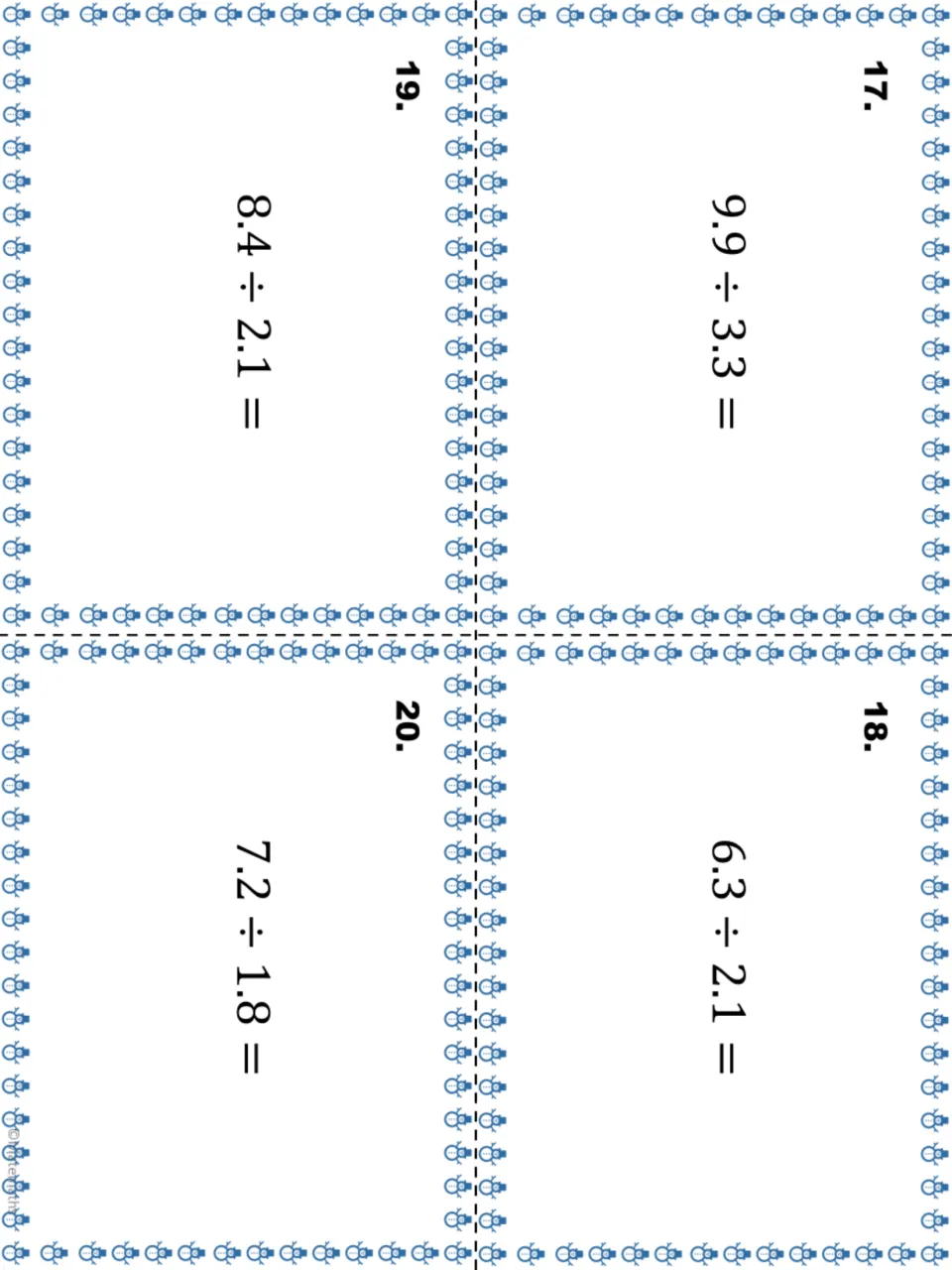 Decimal division task cards 17 to 20: students divide 9.9 ÷ 3.3, 6.3 ÷ 2.1, 8.4 ÷ 2.1 and 7.2 ÷ 1.8