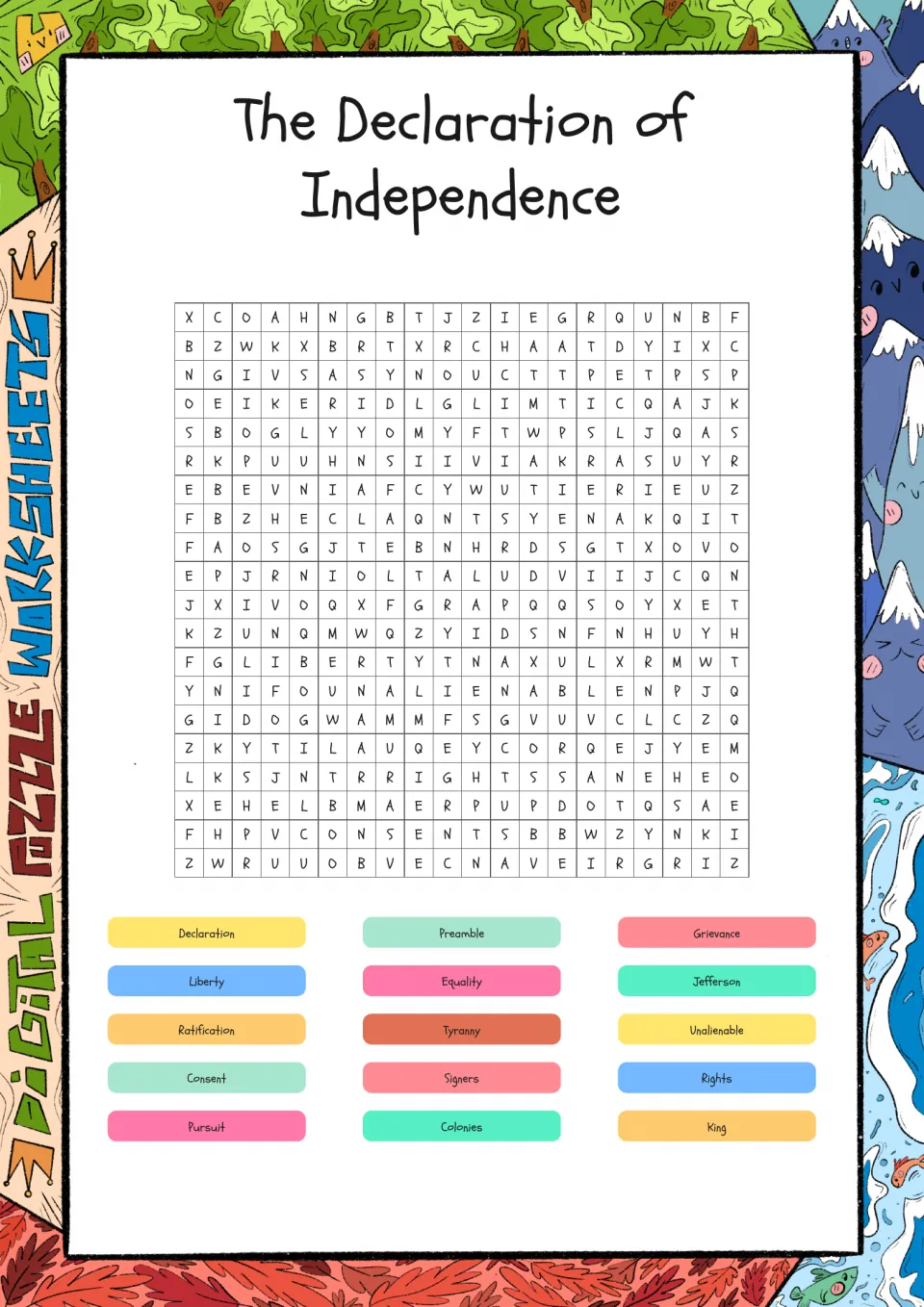 Declaration of Independence word search: students find 15 terms such as Preamble, Grievance, Jefferson and Unalienable