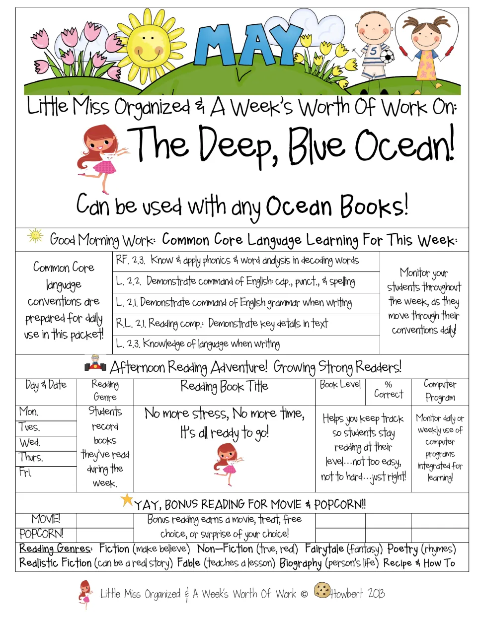 The Deep, Blue Ocean cover: week overview listing daily morning-work standards and an afternoon reading log with genres