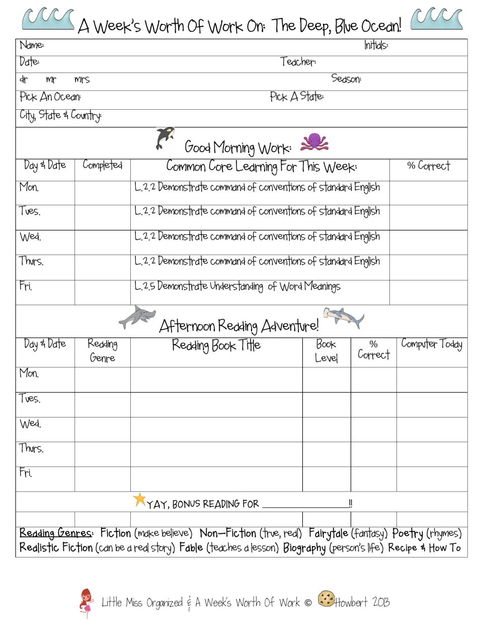 Student weekly tracker: name, ocean and state picks, a morning-work checklist and a reading log of genre, book and level