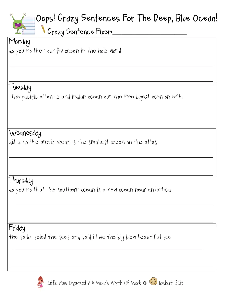 Crazy Sentences: students rewrite five ocean facts, one per weekday, fixing capitals, punctuation and misspelled words