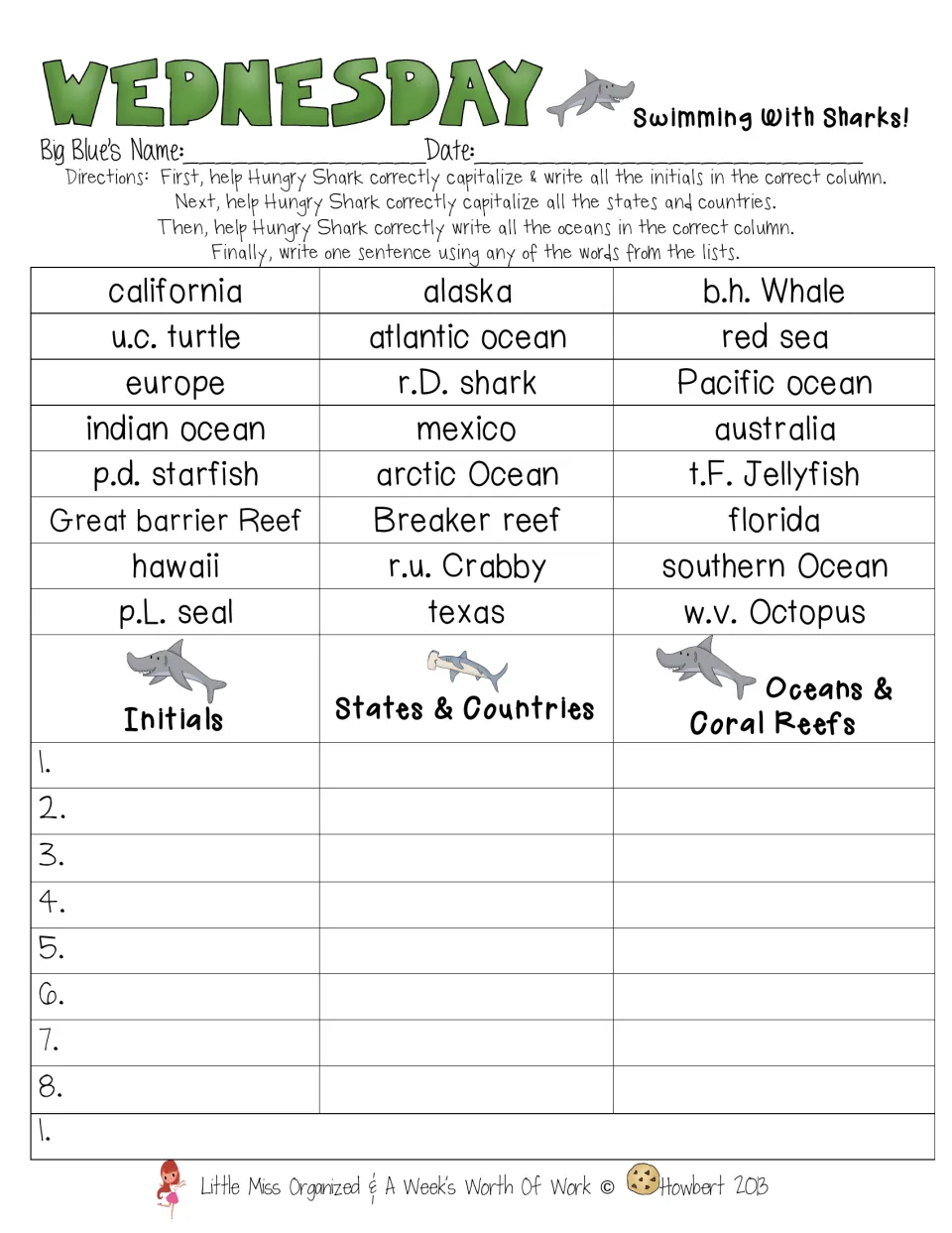 Wednesday, Swimming With Sharks: students capitalize and sort initials, states and countries, and oceans and coral reefs