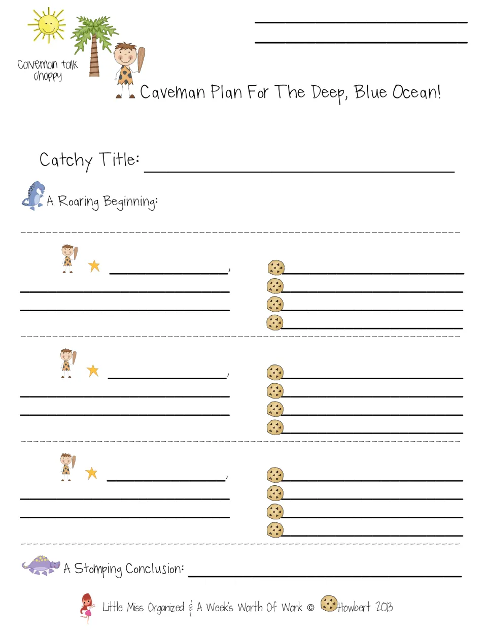 Caveman Plan writing organizer: students plan an ocean piece with a catchy title, beginning, three details and a conclusion