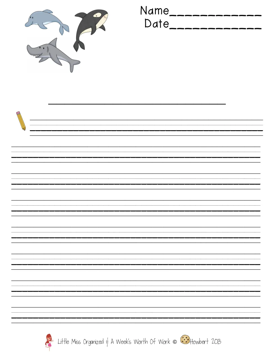 Ocean writing paper decorated with a dolphin, orca and shark: students write a titled final draft with name and date