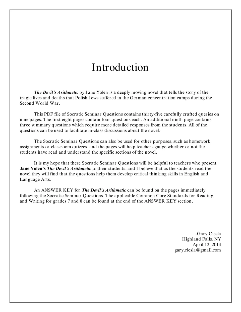 Introduction explains the 35 seminar questions, nine student pages, classroom uses, and accompanying answer key.