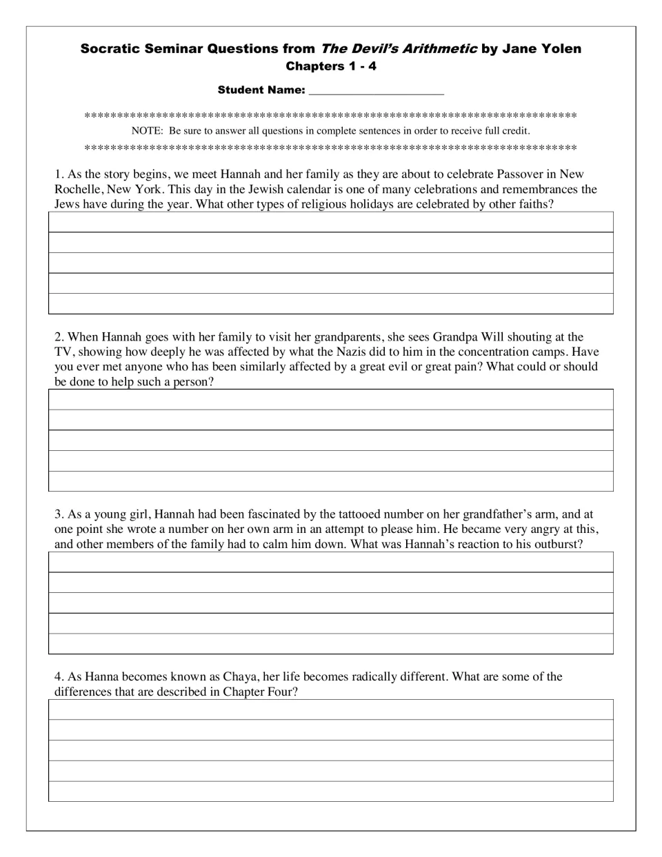 Seminar questions 1–4 cover Passover, Grandpa Will’s trauma, his tattooed number, and Hannah’s life as Chaya.