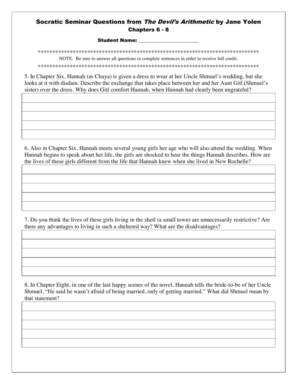 Seminar questions 5–8 explore Hannah’s wedding dress, the village girls’ lives, and Shmuel’s wedding fears.
