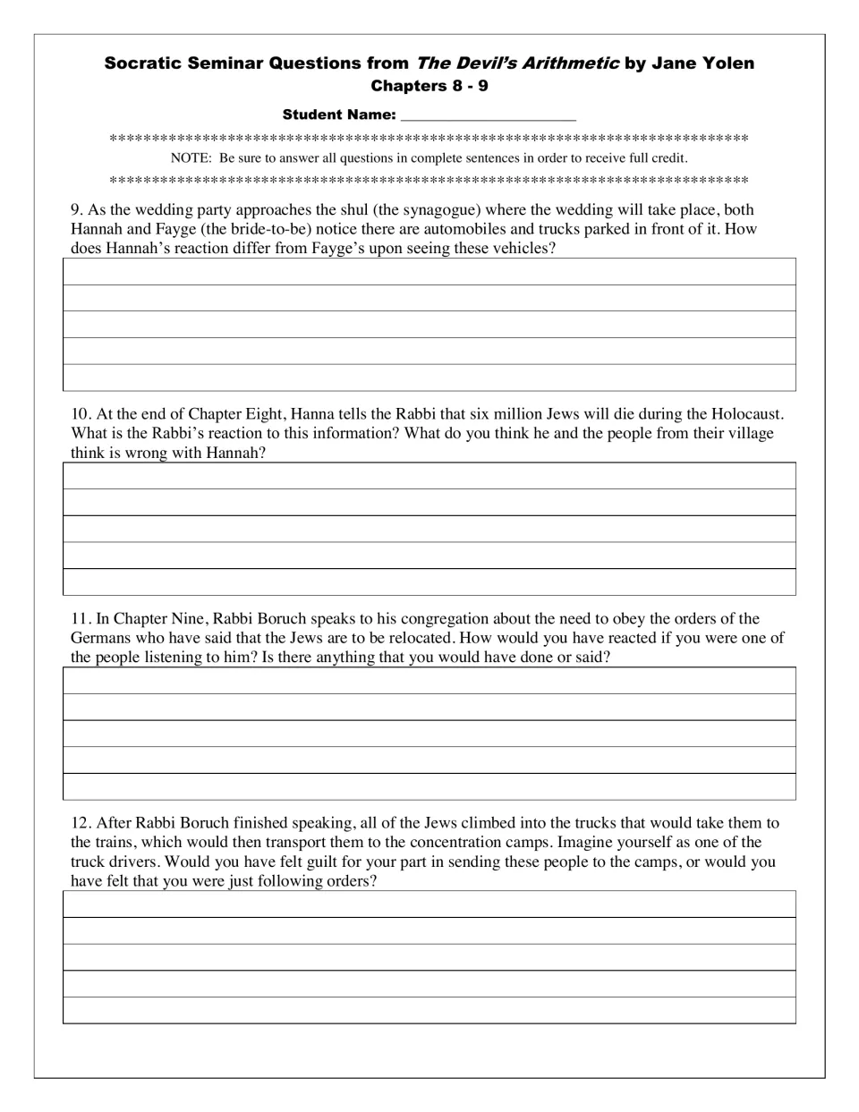 Seminar questions 9–12 examine vehicles at the synagogue, Hannah’s warning, the rabbi’s orders, and guilt.